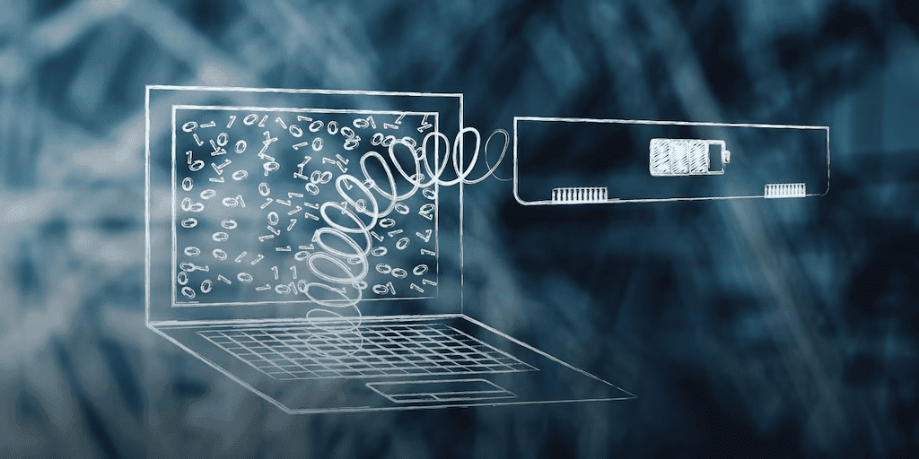 Conceptual illustration of a wireframe laptop with binary code on the screen connecting to a battery icon, representing data transfer or cloud computing on a blue abstract background